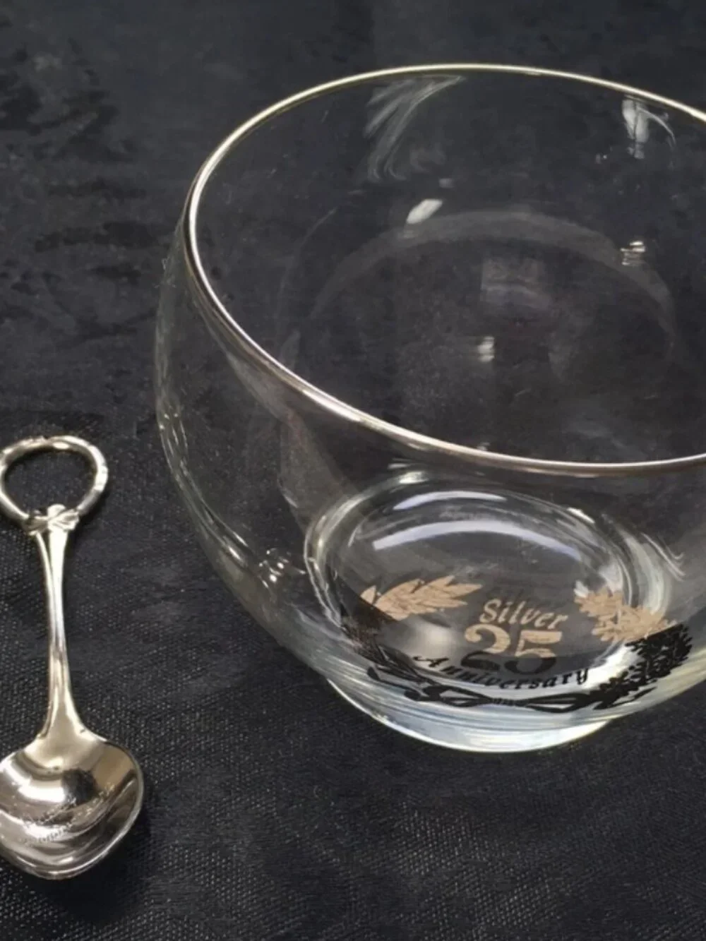 Vintage 25th Silver Anniversary Glass Sugar Bowl with Spoon Silver Rim Crest